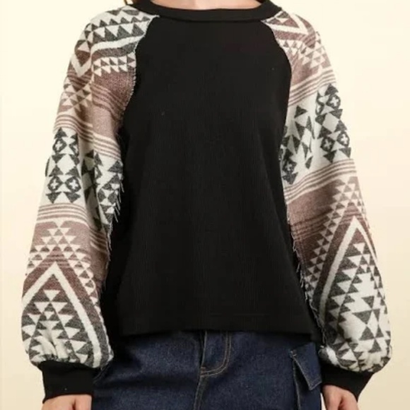 Very J Tops - NWT 2XL Boho Aztec Balloon Sleeve Knit Top | Black Geo Pullover Plus Size 2XL